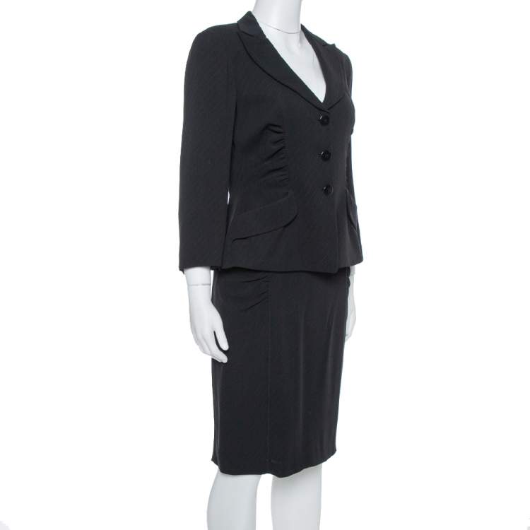 Armani Collezioni Black Crepe Ruched Detail Blazer Fitted Skirt