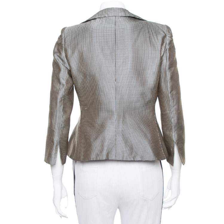 Pre Owned Armani Collezioni Metallic Plaided Silk Asymmetric Cropped Blazer M