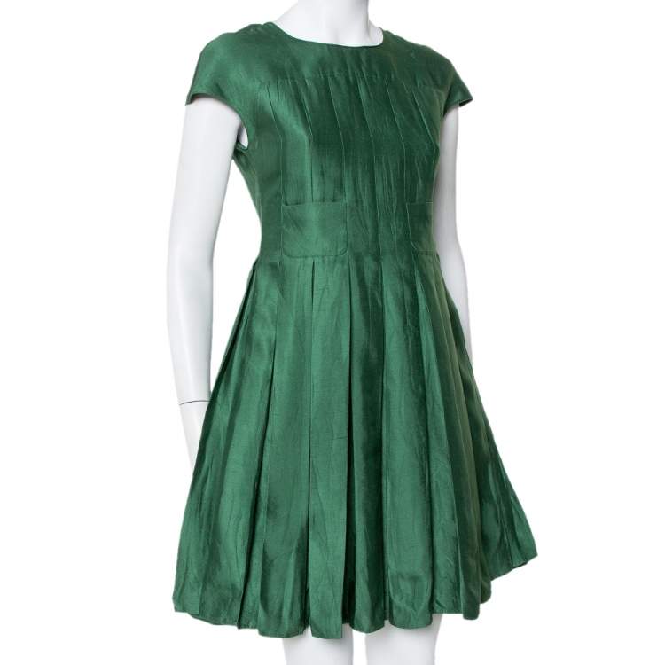 Pre Owned Armani Collezioni Green Cotton Silk Box Pleated Short Dress S