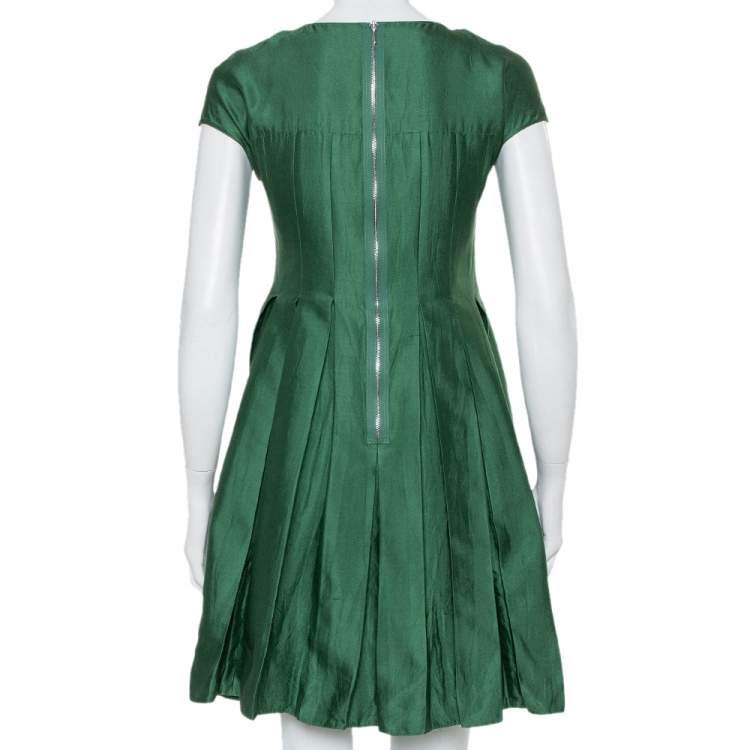 Pre Owned Armani Collezioni Green Cotton Silk Box Pleated Short Dress S
