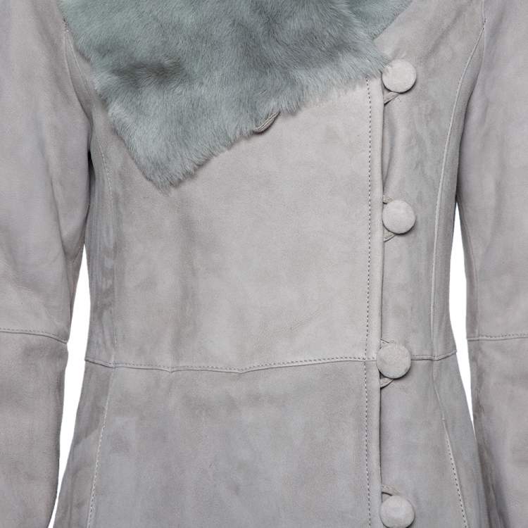 Pre Owned Armani Collezioni Grey Suede Paneled Fur lined Long Coat M