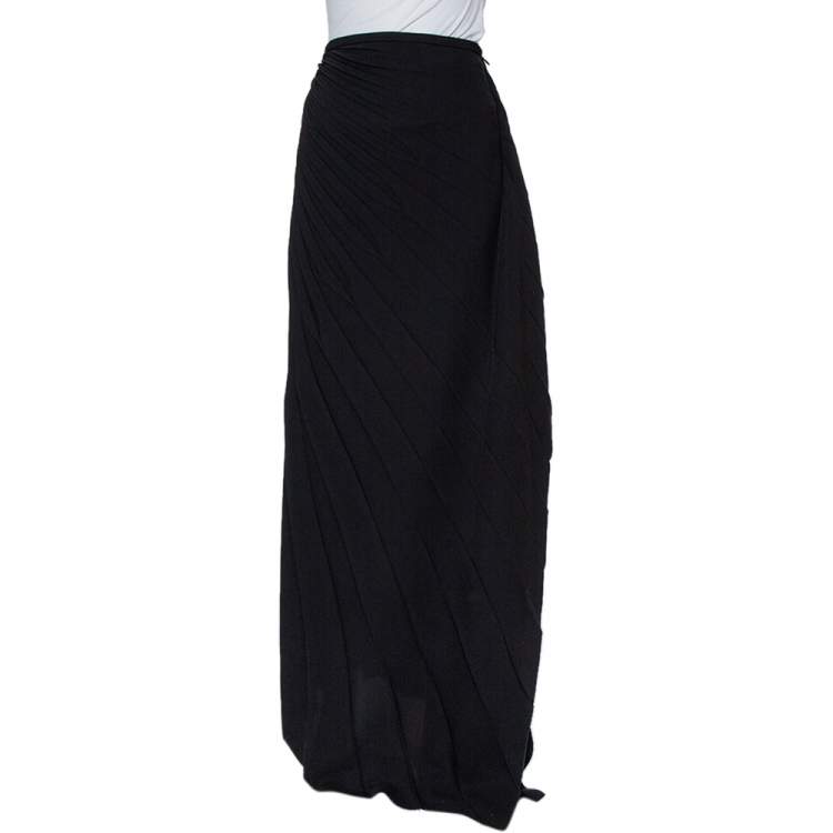 Pre Owned Armani Collezioni Black Crepe Ruffle Detail Pleated Maxi Skirt L