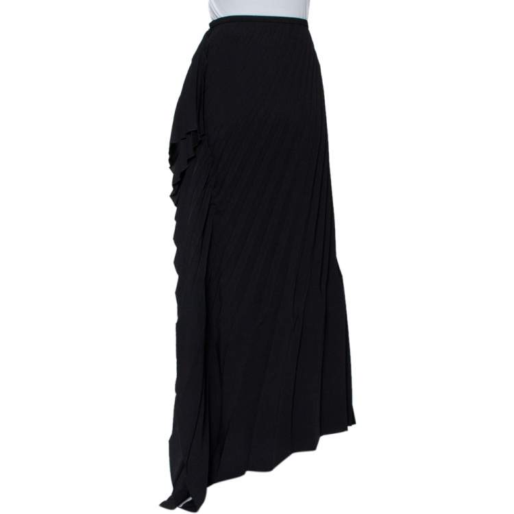 Pre Owned Armani Collezioni Black Crepe Ruffle Detail Pleated Maxi Skirt L