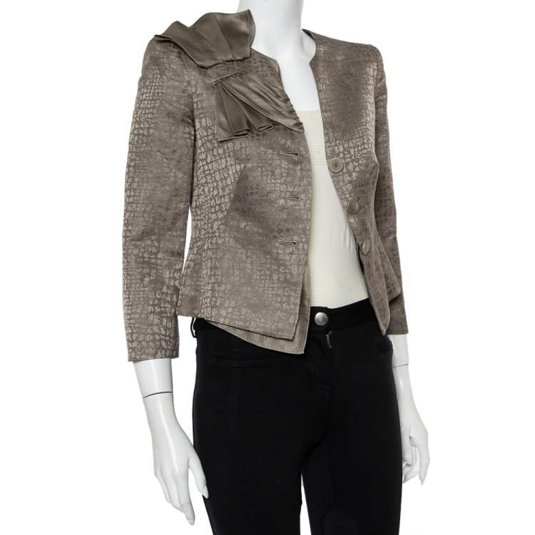 Pre Owned Armani Collezioni Vintage Grey Textured Linen & Silk Bow Trim Detail Blazer S