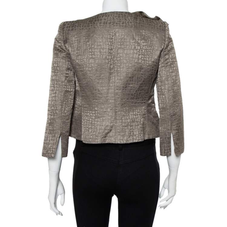 Pre Owned Armani Collezioni Vintage Grey Textured Linen & Silk Bow Trim Detail Blazer S