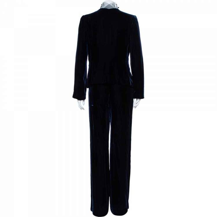 Pre Owned Armani Collezioni Midnight Blue Velvet Embellished Mesh Collar Blazer & Wide Leg Pants L