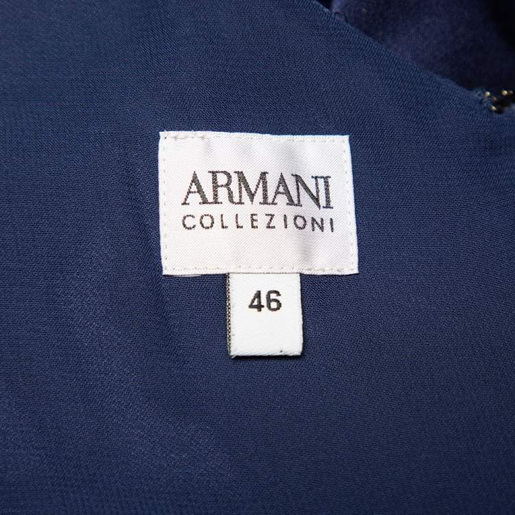 Pre Owned Armani Collezioni Navy Blue Silk Satin draped Detail Midi Dress L