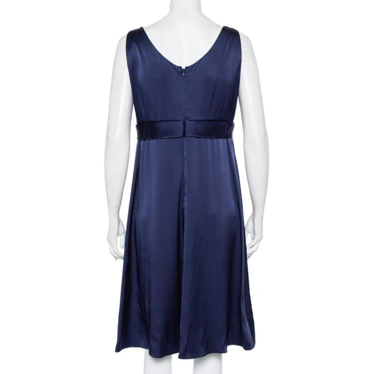 Pre Owned Armani Collezioni Navy Blue Silk Satin draped Detail Midi Dress L