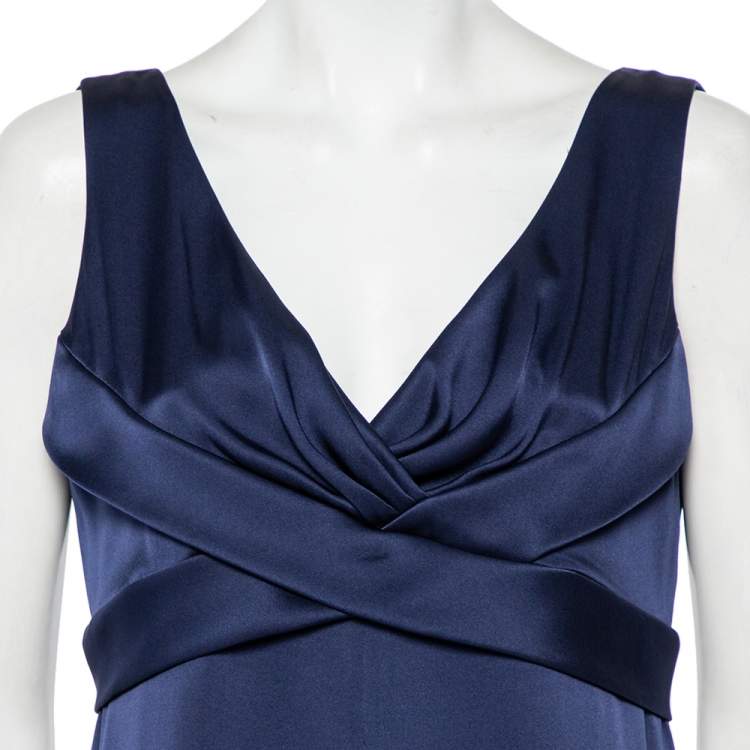 Pre Owned Armani Collezioni Navy Blue Silk Satin draped Detail Midi Dress L