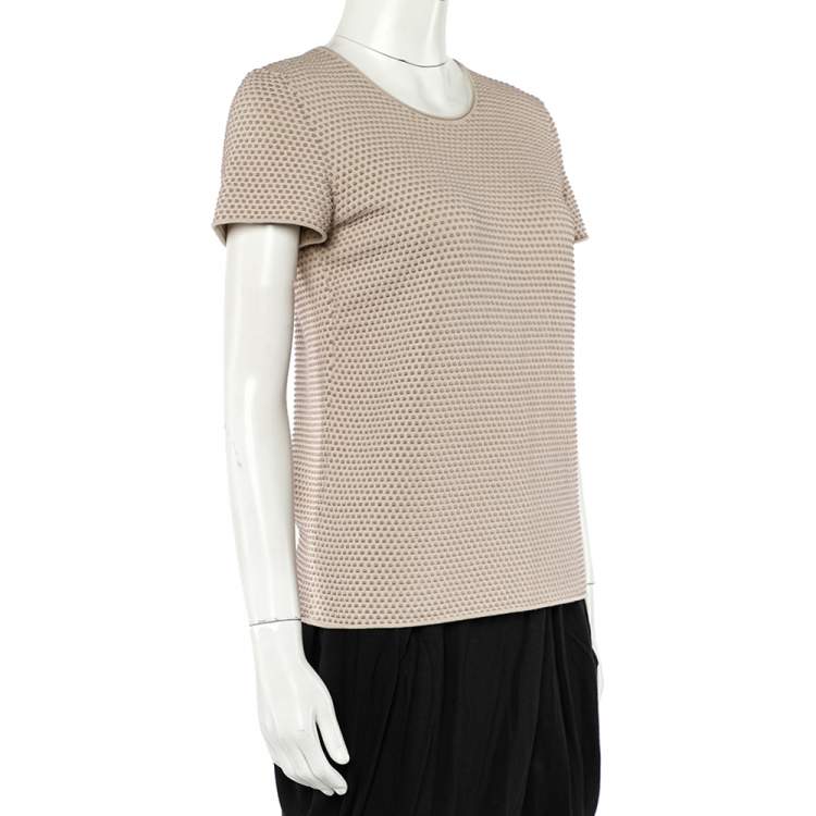 Pre Owned Armani Collezioni Beige Embossed Knit Short Sleeve Top L