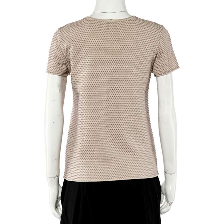 Pre Owned Armani Collezioni Beige Embossed Knit Short Sleeve Top L