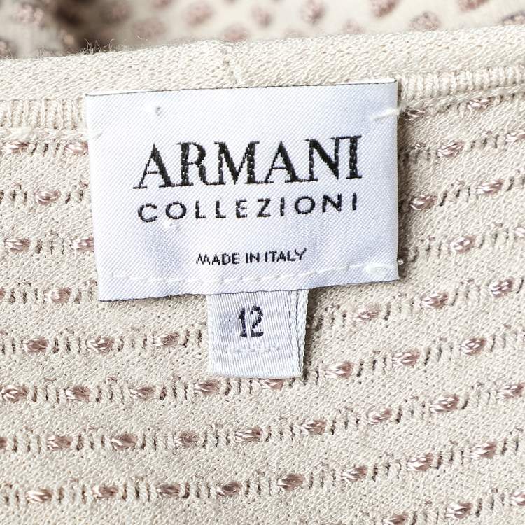 Pre Owned Armani Collezioni Beige Embossed Knit Short Sleeve Top L