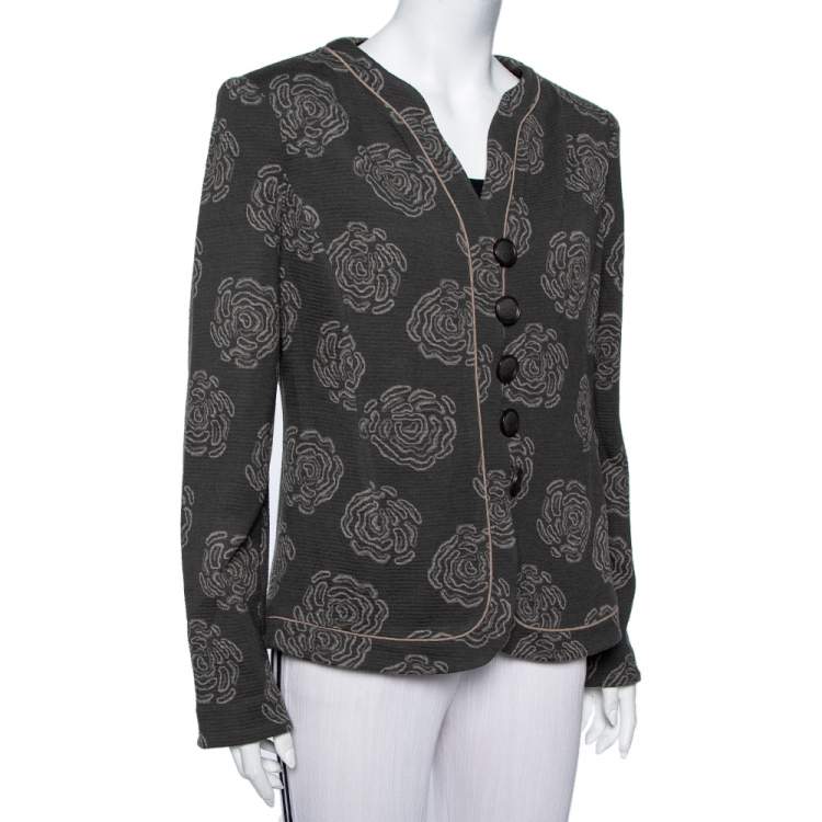 Pre Owned Armani Collezioni Grey Italian Rose Jacquard Knit Button Front Blazer XL