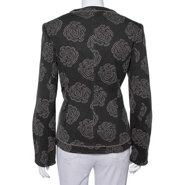 Pre Owned Armani Collezioni Grey Italian Rose Jacquard Knit Button Front Blazer XL