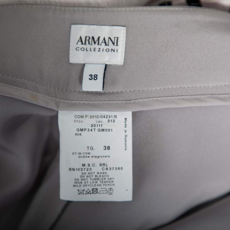 Pre Owned Armani Collezioni Grey Crepe Bow Detail Collarless Jacket & Straight Leg Trousers S