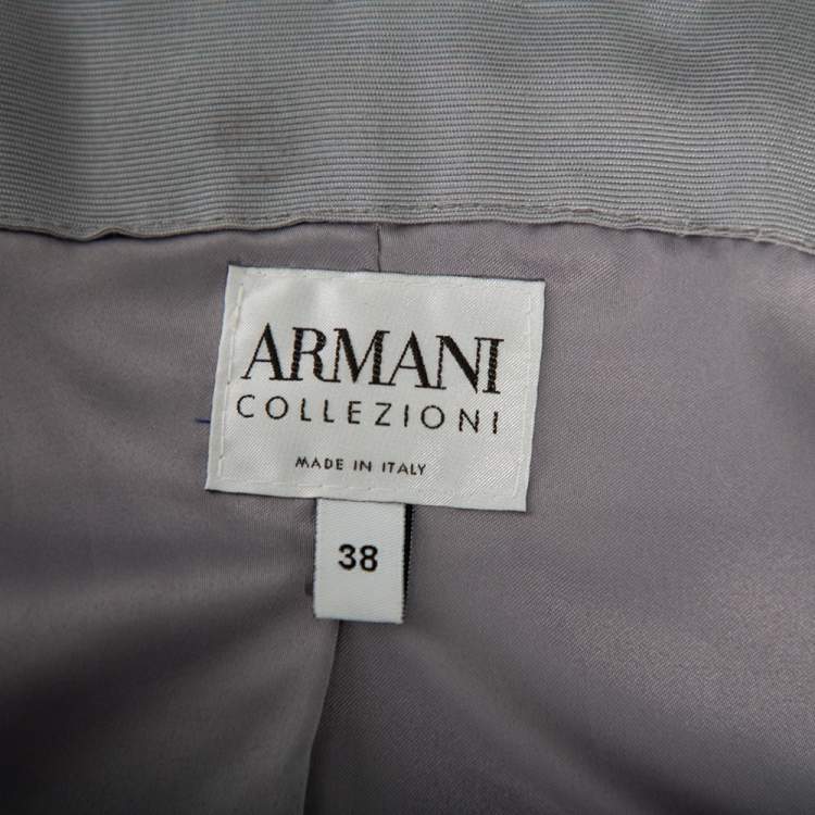 Pre Owned Armani Collezioni Grey Crepe Bow Detail Collarless Jacket & Straight Leg Trousers S