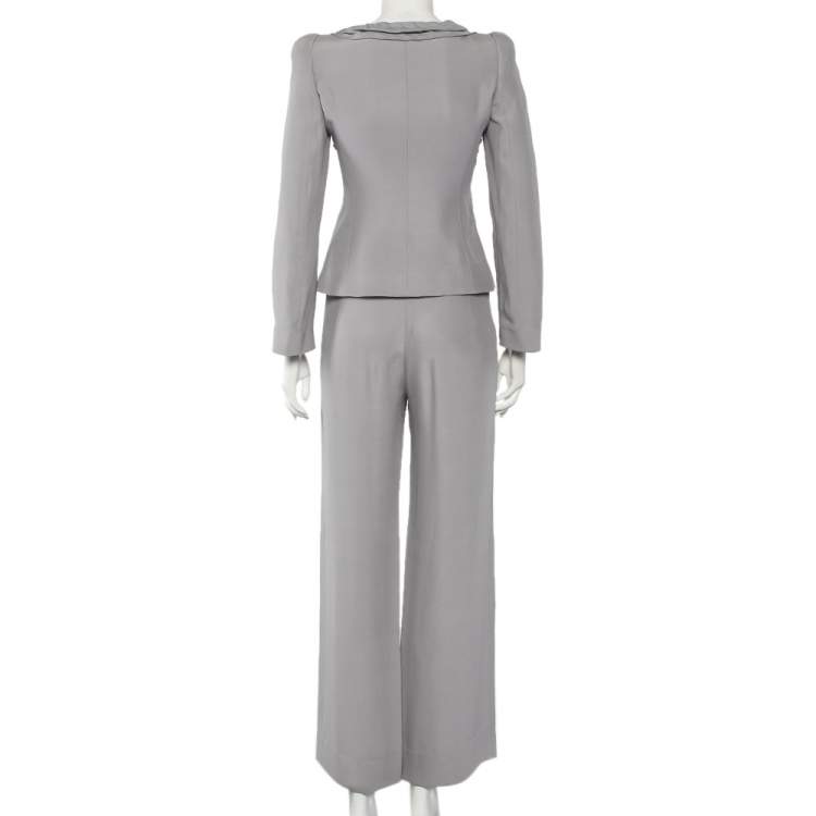 Pre Owned Armani Collezioni Grey Crepe Bow Detail Collarless Jacket & Straight Leg Trousers S