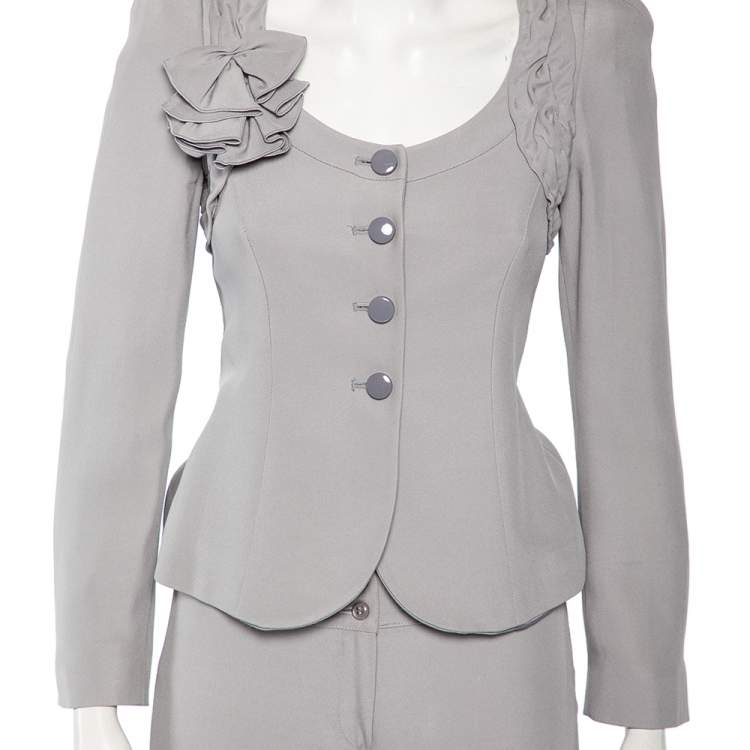 Pre Owned Armani Collezioni Grey Crepe Bow Detail Collarless Jacket & Straight Leg Trousers S