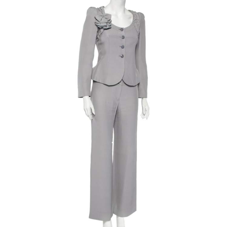 Pre Owned Armani Collezioni Grey Crepe Bow Detail Collarless Jacket & Straight Leg Trousers S