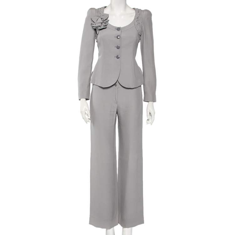 Pre Owned Armani Collezioni Grey Crepe Bow Detail Collarless Jacket & Straight Leg Trousers S