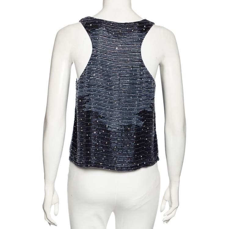 Pre Owned Armani Collezioni Blue Bead Embellished Racerback Tank Top M