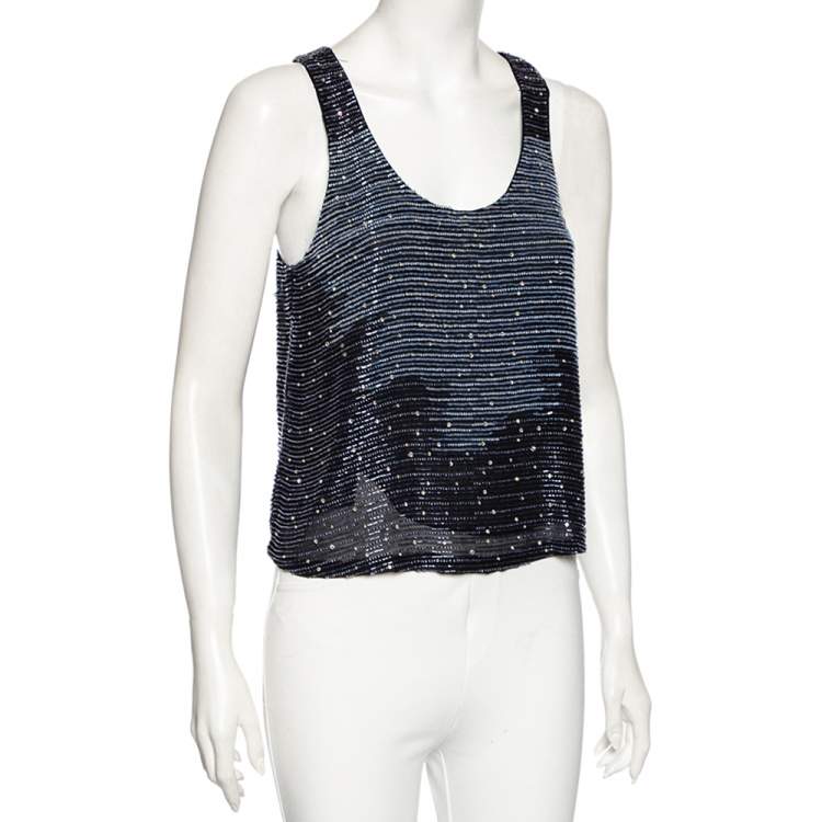 Pre Owned Armani Collezioni Blue Bead Embellished Racerback Tank Top M