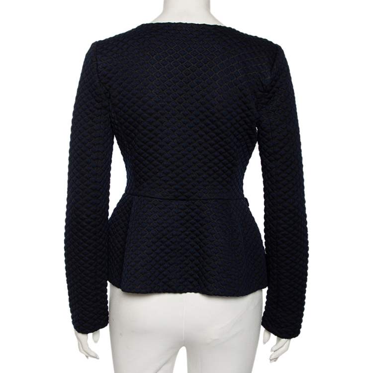 Pre Owned Armani Collezioni Navy Blue and Black Diamond Embossed Jacquard Peplum Jacket M