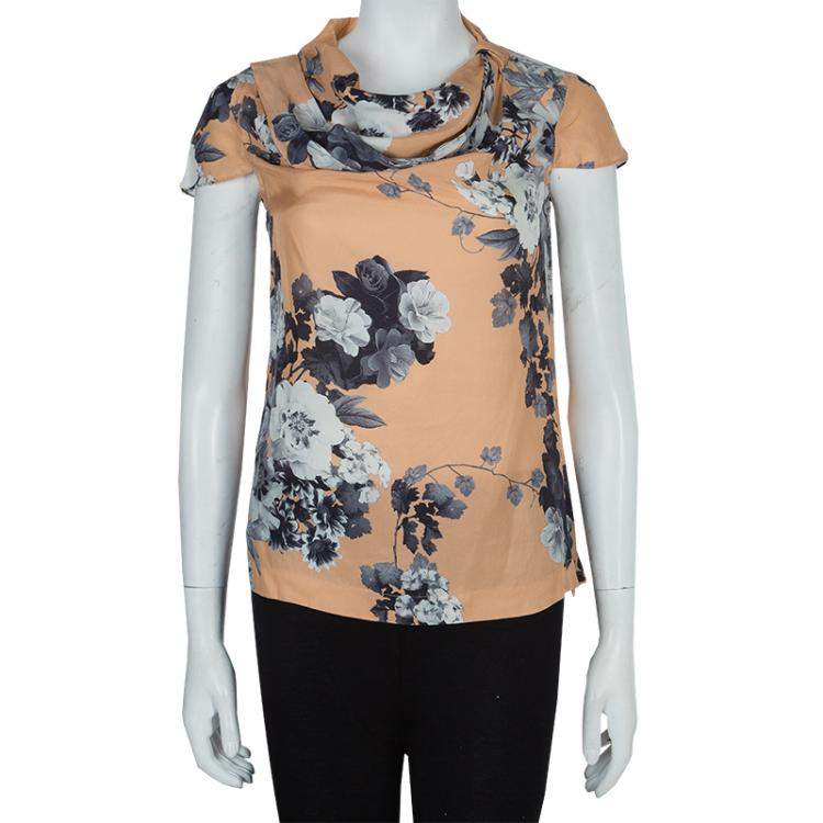 Pre Owned Armani Collezioni Brown Floral Print Silk Blouse S