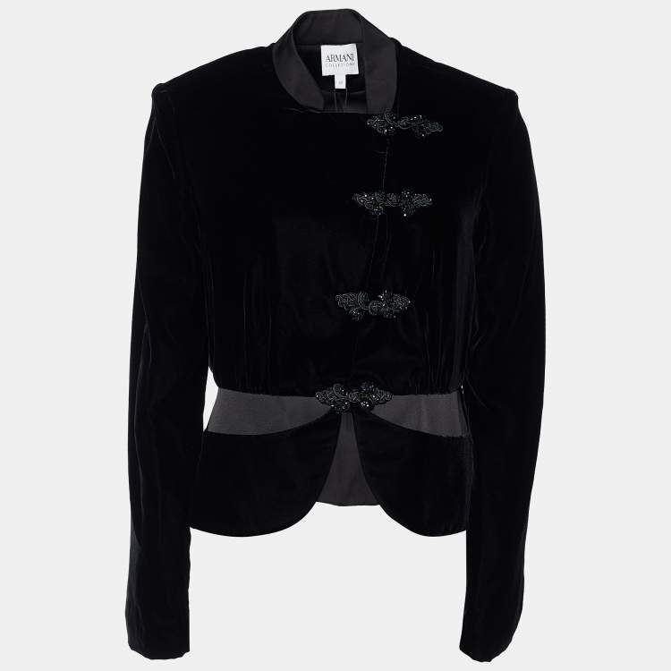Pre Owned Armani Collezioni Black Velvet Jeweled Button Blazer M