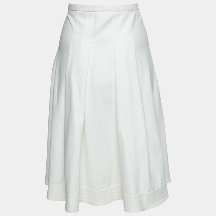 Pre Owned Armani Collezioni Cream Cotton Pleated Flared Midi Skirt L 