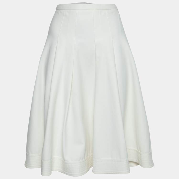 Pre Owned Armani Collezioni Cream Cotton Pleated Flared Midi Skirt L 
