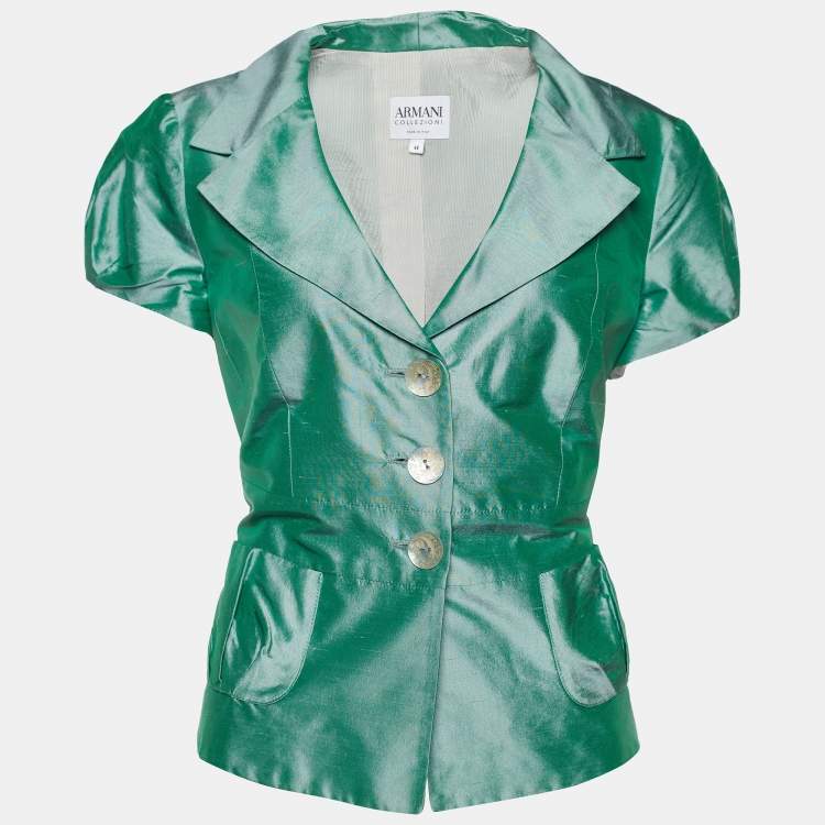 Pre Owned Armani Collezioni Green Slub Cotton Mother of Pearl Buttoned Blazer M