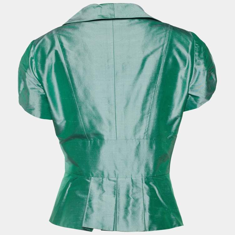 Pre Owned Armani Collezioni Green Slub Cotton Mother of Pearl Buttoned Blazer M