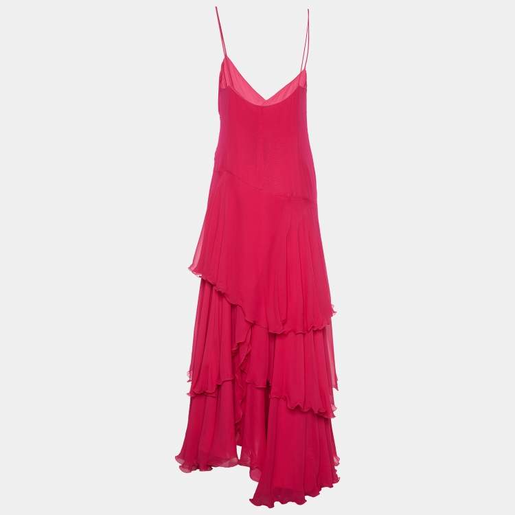 Pre Owned Armani Collezioni Pink Crepe Silk Sleeveless Ruffled Maxi Dress L