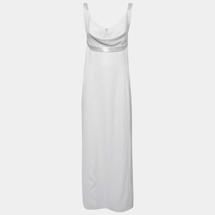 Pre Owned Armani Collezioni Grey Silk Beaded Embellished Cowl Neck Maxi Dress M