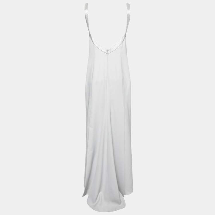 Pre Owned Armani Collezioni Grey Silk Beaded Embellished Cowl Neck Maxi Dress M