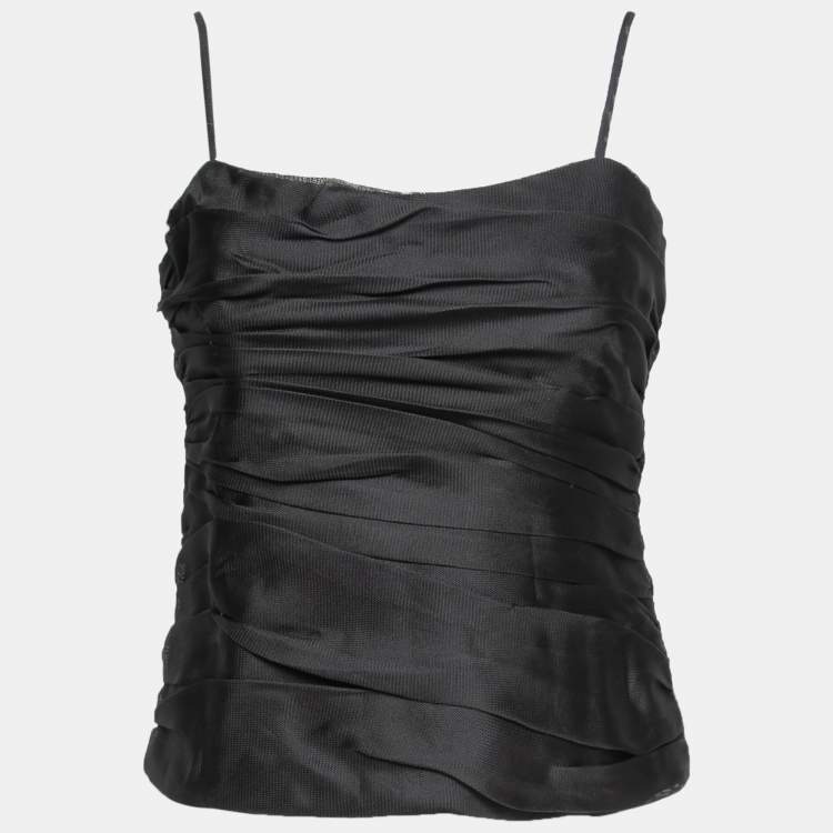 Pre Owned Armani Collezioni Black Textured Silk Gathered Camisole M