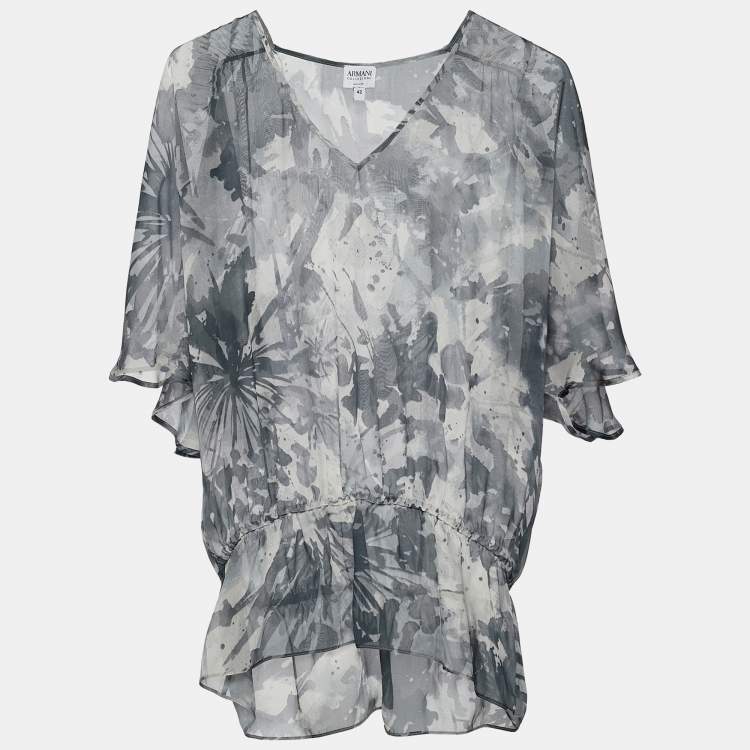 Pre Owned Armani Collezioni Grey Abstract Print Silk Sheer Blouse M