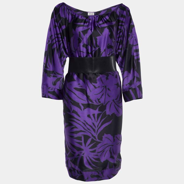 Pre Owned Armani Collezioni Purple & Black Floral Print Belted Dress S