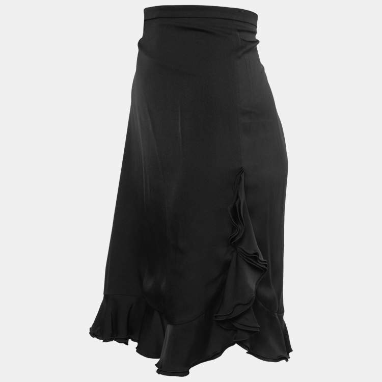 Pre Owned Armani Collezioni Black Silk Satin Ruffle Trimmed Skirt XL