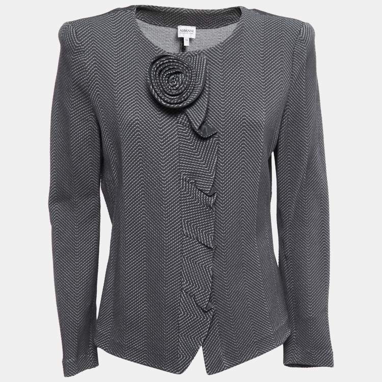 Pre Owned Armani Collezioni Grey Chevron Pattern Floral Detail Ruffled Blazer XL