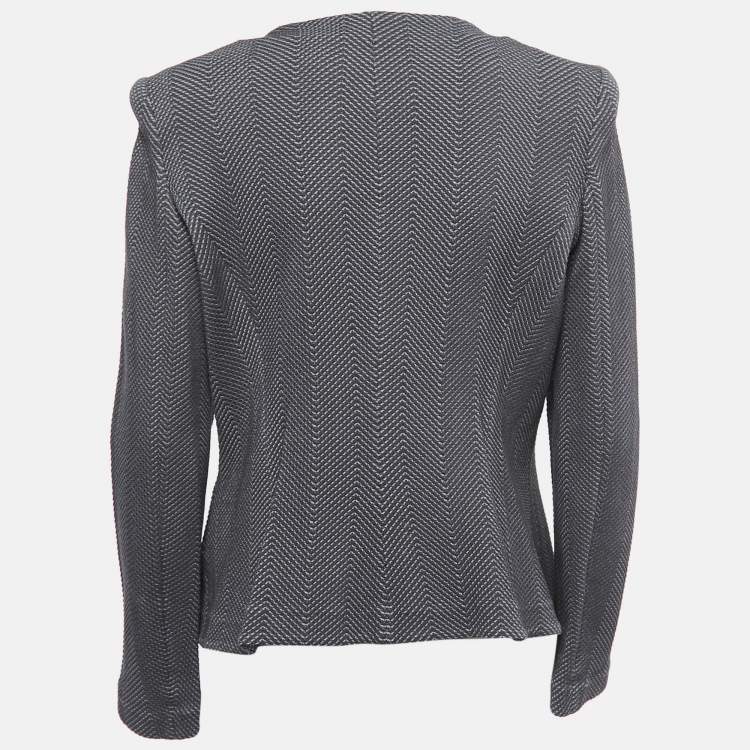 Pre Owned Armani Collezioni Grey Chevron Pattern Floral Detail Ruffled Blazer XL