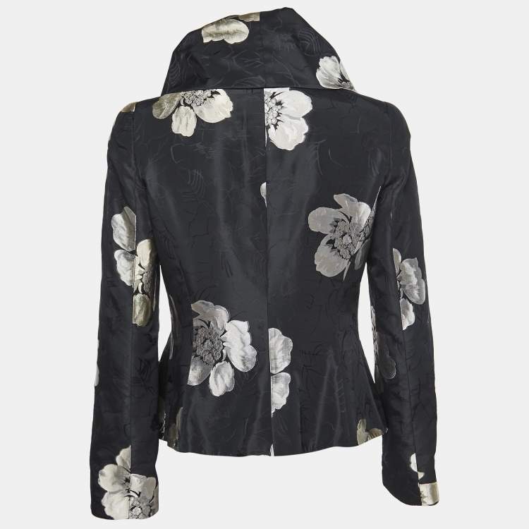 Pre Owned Armani Collezioni Black Floral Jacquard Cowl Neck Blazer M
