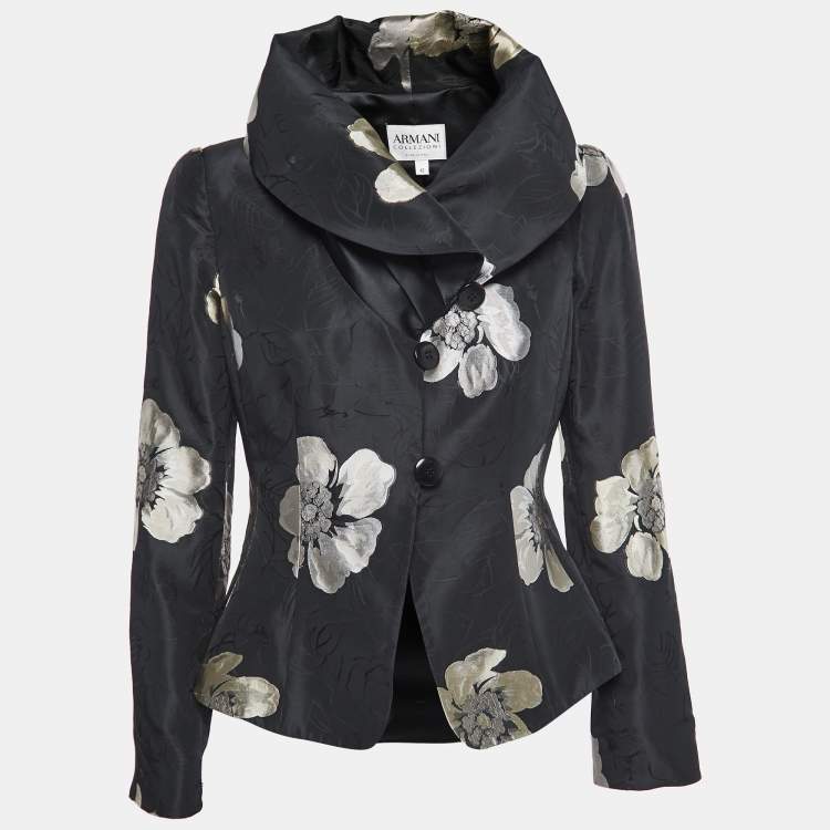 Pre Owned Armani Collezioni Black Floral Jacquard Cowl Neck Blazer M