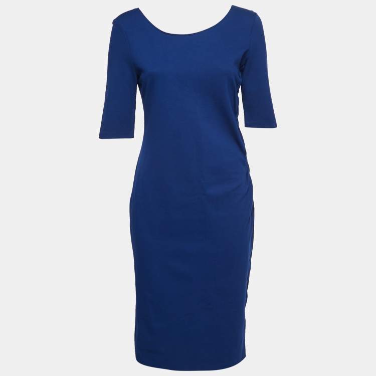 Pre Owned Armani Collezioni Blue Knit Braid Detail Midi Dress M