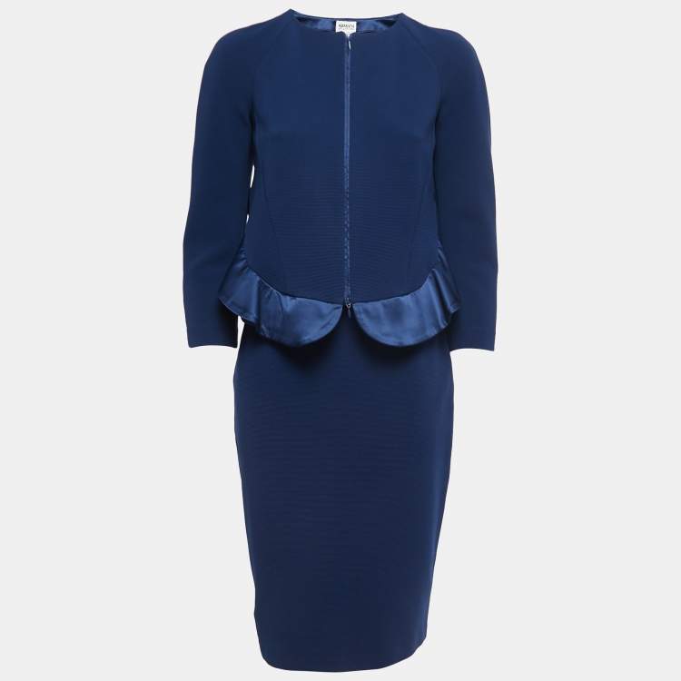 Pre Owned Armani Collezioni Navy Blue Knit Satin Trimmed Skirt Top Set M