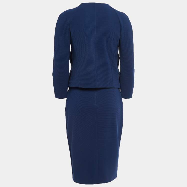 Pre Owned Armani Collezioni Navy Blue Knit Satin Trimmed Skirt Top Set M