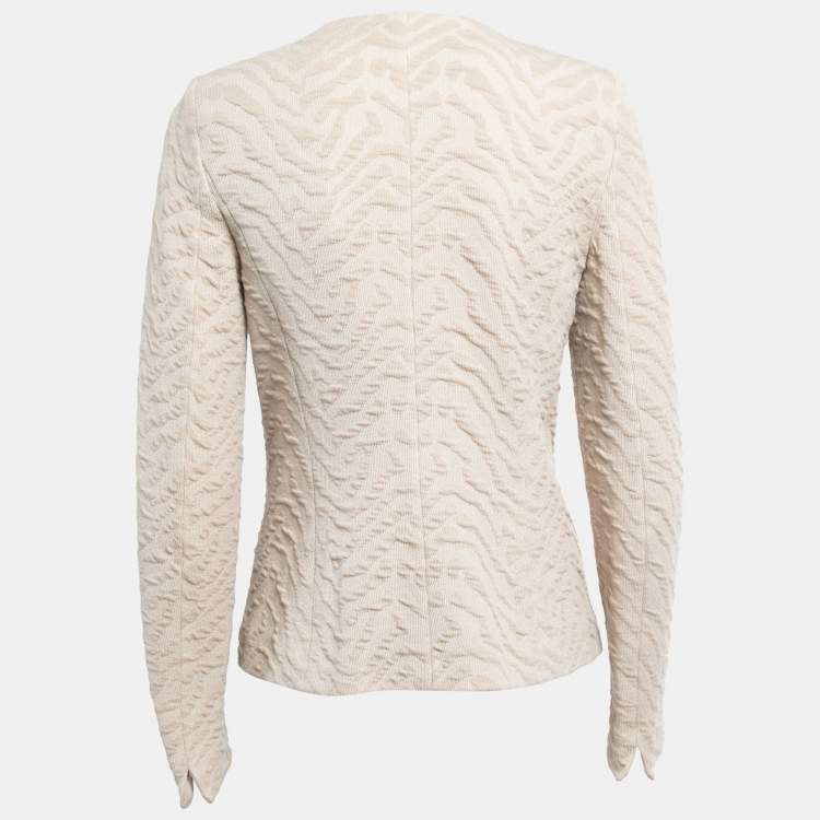Pre Owned Armani Collezioni Beige Textured Knit Roundneck Jacket L