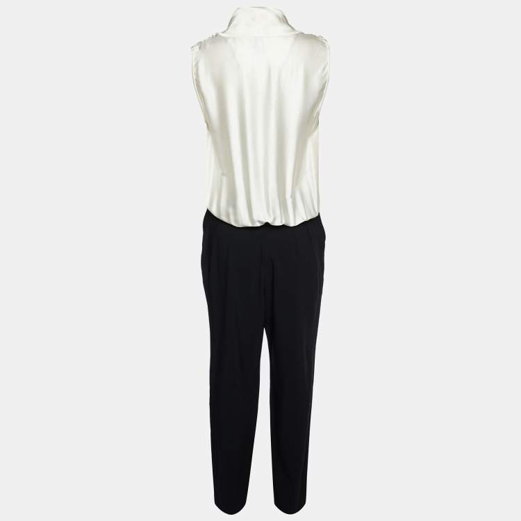 Pre Owned Armani Collezioni Off-White Silk & Black Crepe Draped Neck Jumpsuit L