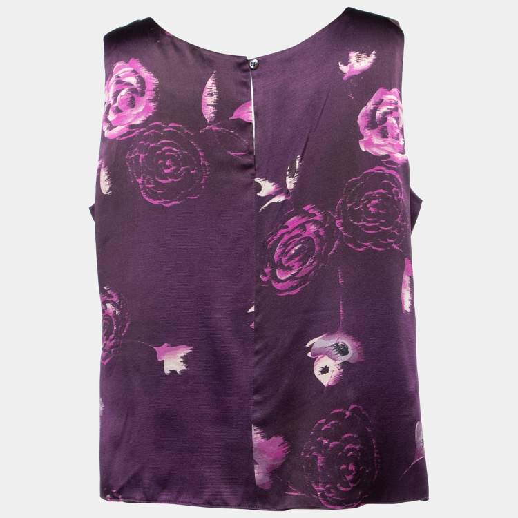 Pre Owned Armani Collezioni Purple Floral Print Silk Sleeveless Top L